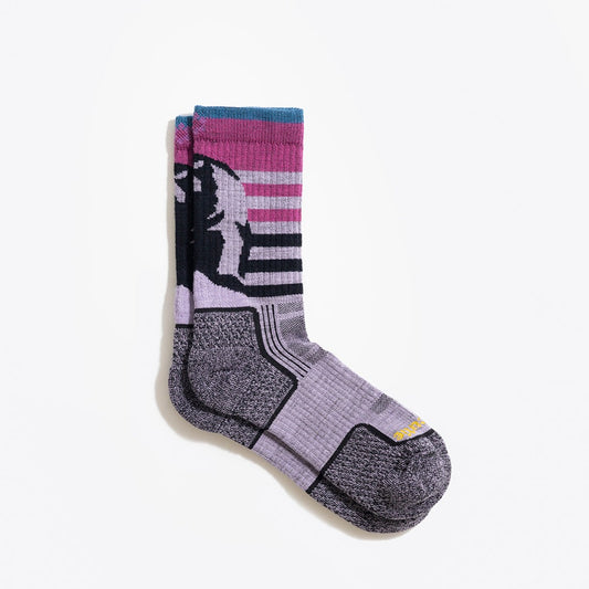 Profile view - multicolor (lavender, boysenberry, twilight blue and black) women's hiking sock featuring a black bear on the back and stripes on the front with the ToughCutie logo on the toe 