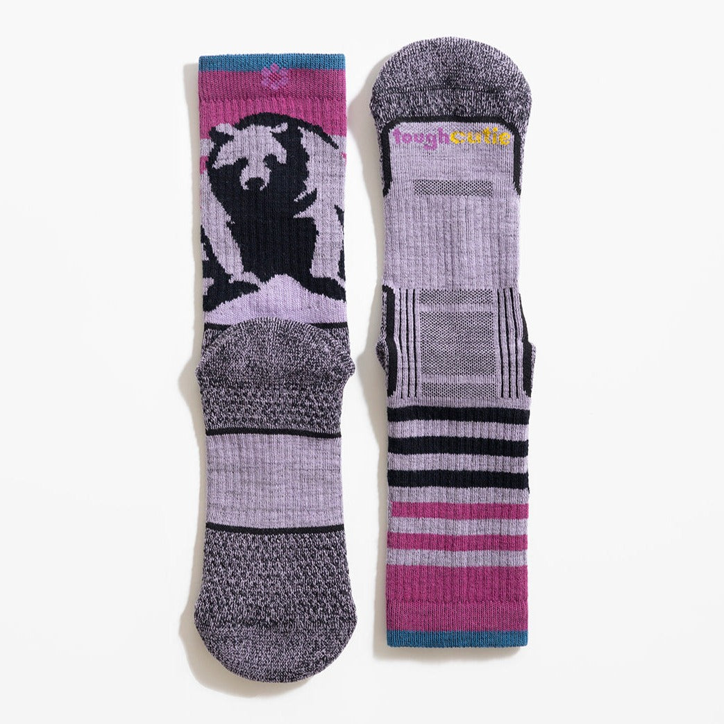 Multicolor (lavender, boysenberry, twilight blue and black) women's hiking sock featuring a black bear on the back and stripes on the front with the ToughCutie logo on the toe 