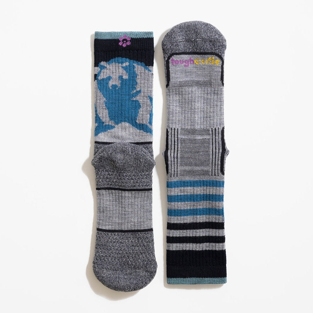 Multicolor (lavender, boysenberry, twilight blue and black) women's hiking sock featuring a black bear on the back and stripes on the front with the ToughCutie logo on the toe