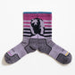 Multicolor (lavender, boysenberry, twilight blue and black) women's hiking sock featuring a black bear on the back and stripes with the ToughCutie logo on the toe - two socks pushed together 