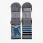 Multicolor (grey, blue haze, twilight blue and black) women's hiking sock featuring a black bear on the back and stripes on the front with the ToughCutie logo on the toe and size range/go wild message inside the welt